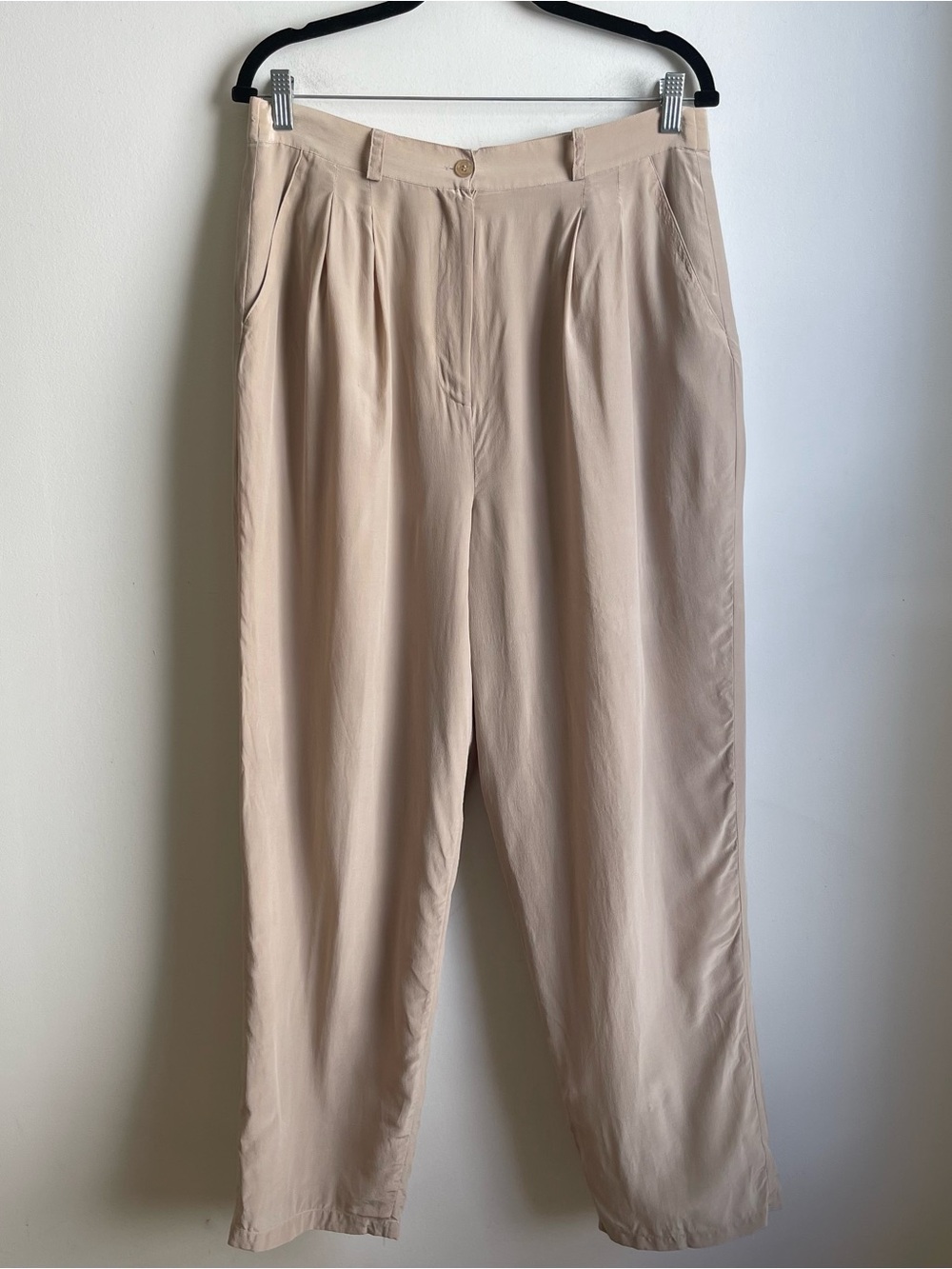 Vintage 90s Stephanie Andrews Beige Silk Trouser Pants Pleated High Rise Size 12